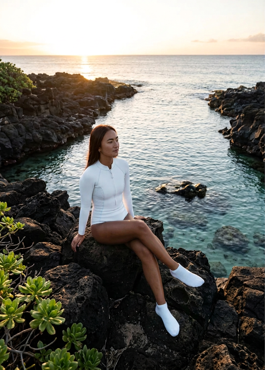 A woman in a white long-sleeve rashguard and white dive socks sits relaxed on black lava rocks beside a turquoise ocean channel at golden sunset.