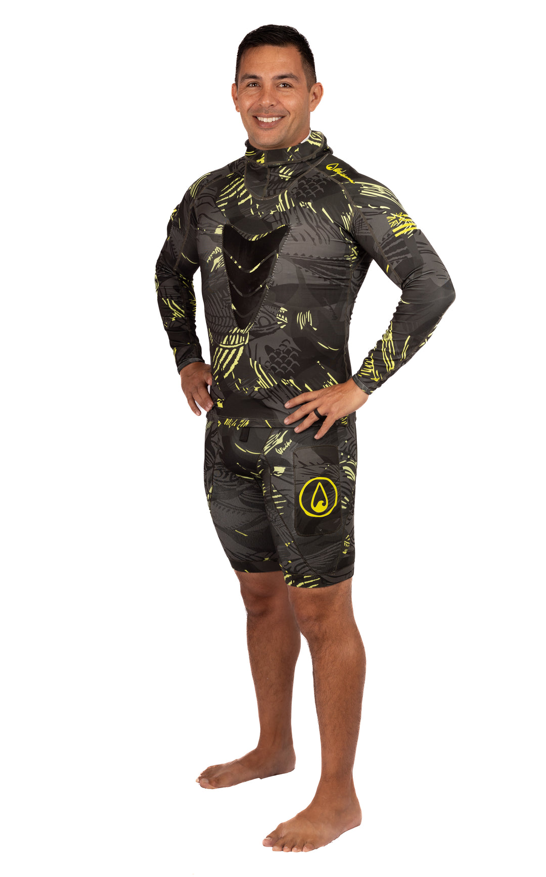 Lime Fishbone Hooded Spearfishing Rashguard worn with hood down