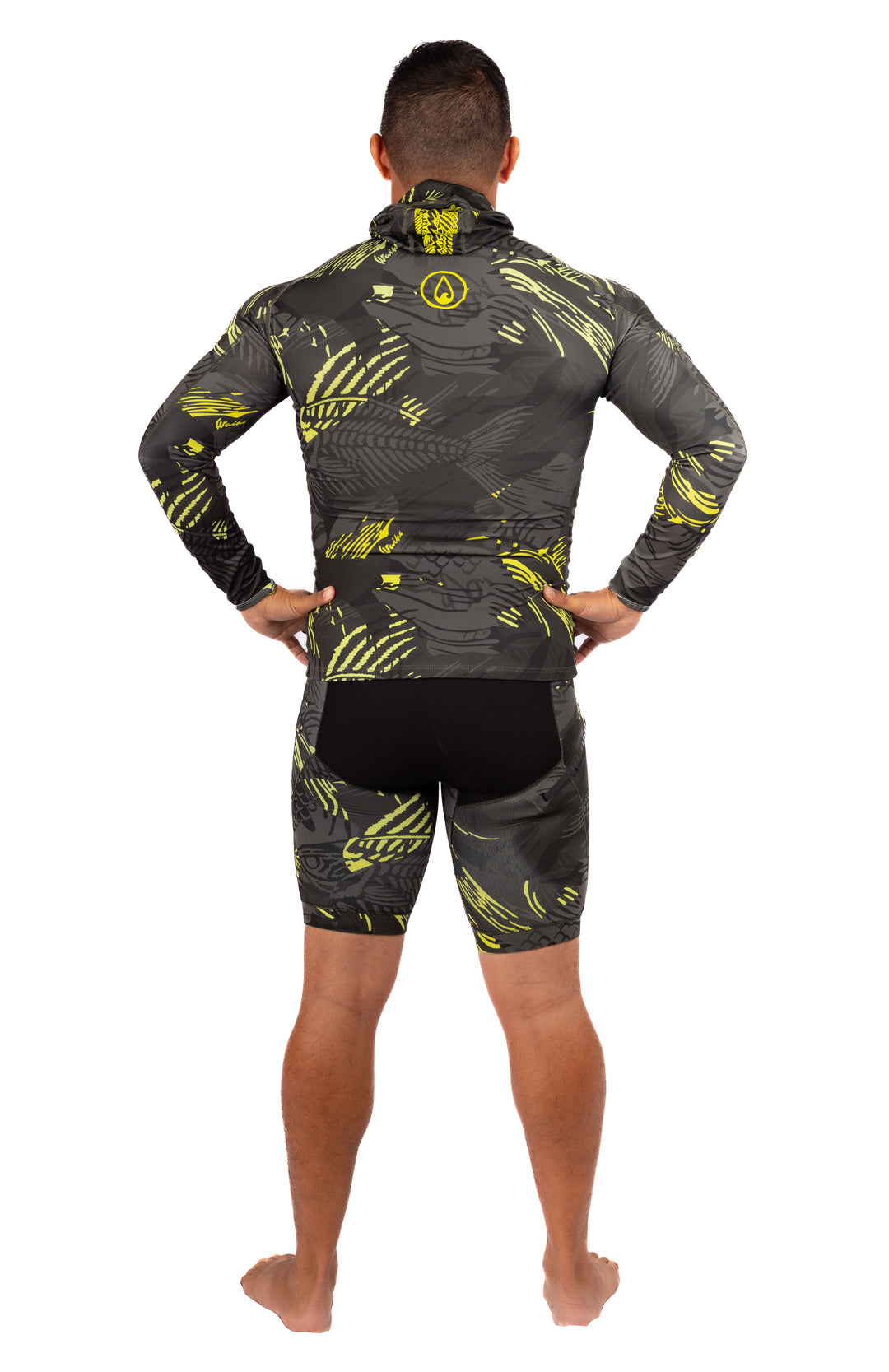 Lime Fishbone Hooded Spearfishing Rashguard front view showing fishbone print detail