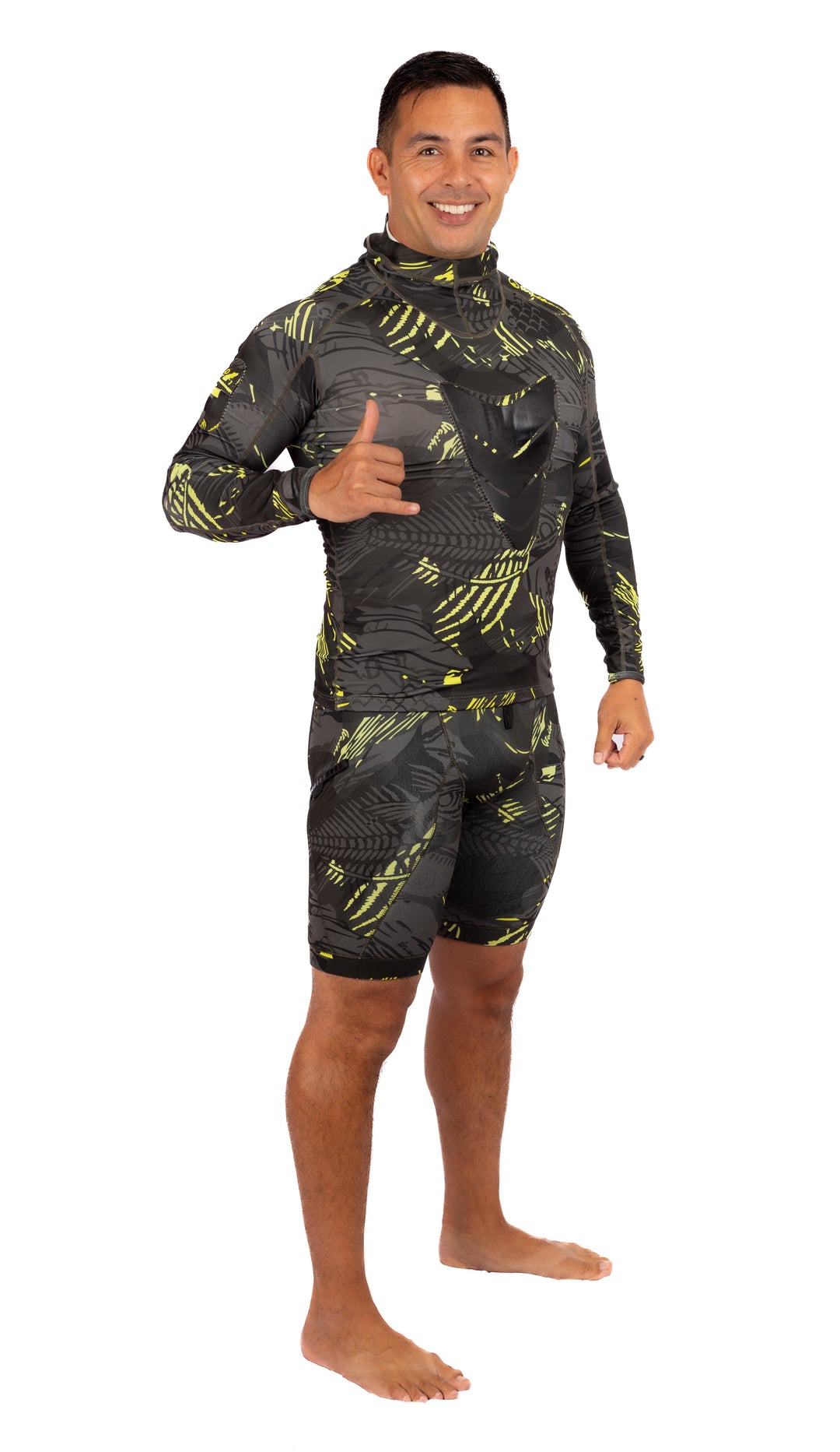Side profile of the Lime Fishbone Hooded Spearfishing Rashguard with fitted sleeves