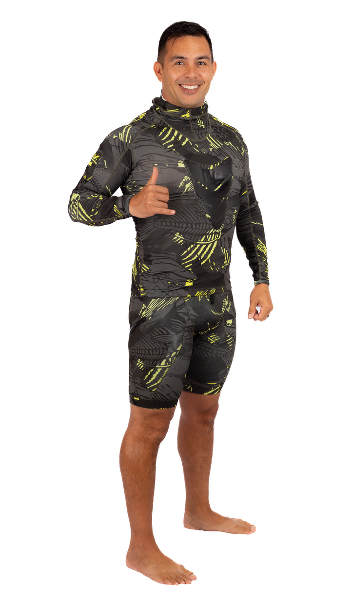 Side profile of the Lime Fishbone Hooded Spearfishing Rashguard with fitted sleeves