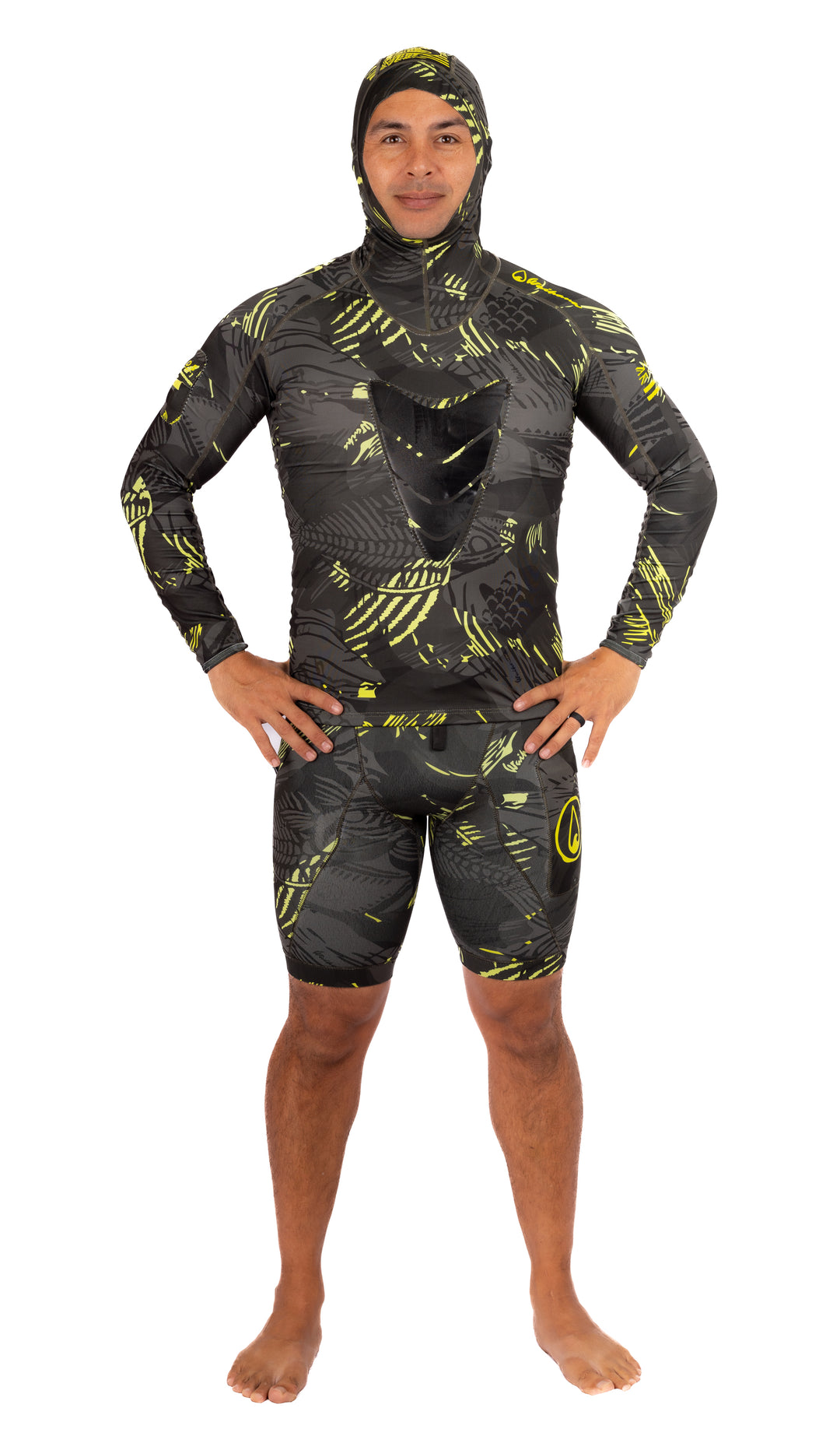 Back view of the Lime Fishbone Hooded Spearfishing Rashguard showing hood