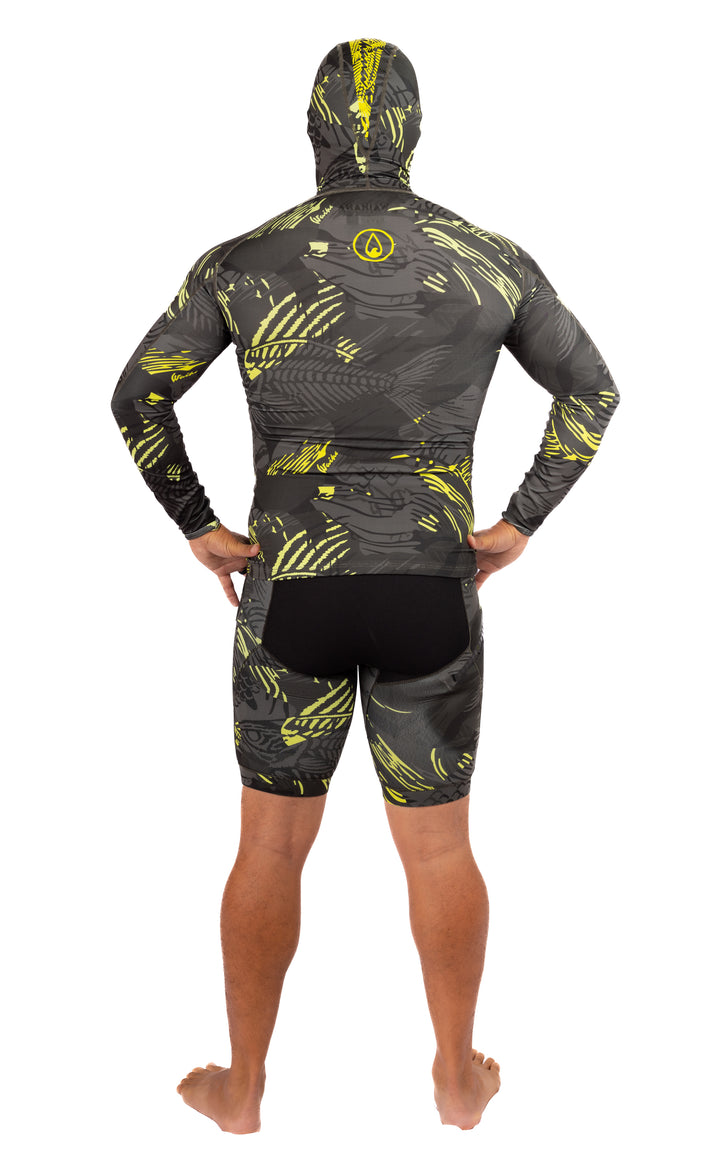 Lime Fishbone Hooded Spearfishing Rashguard with hood up for sun protection
