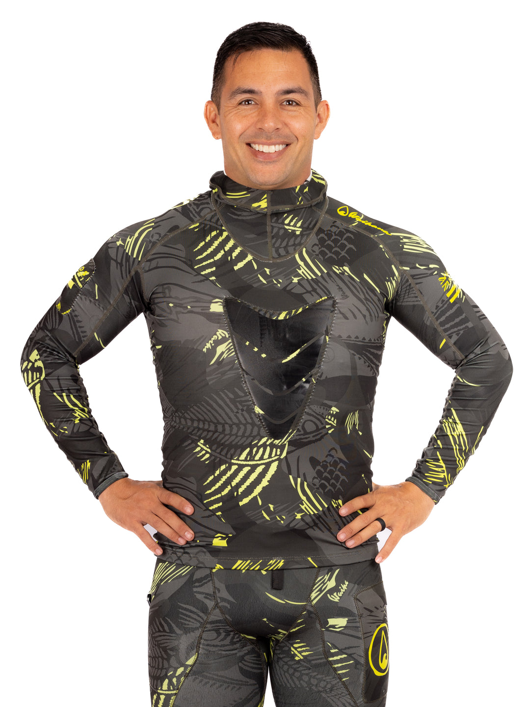 Tan Carvico Lycra leggings paired with the Lime Fishbone Hooded Spearfishing Rashguard