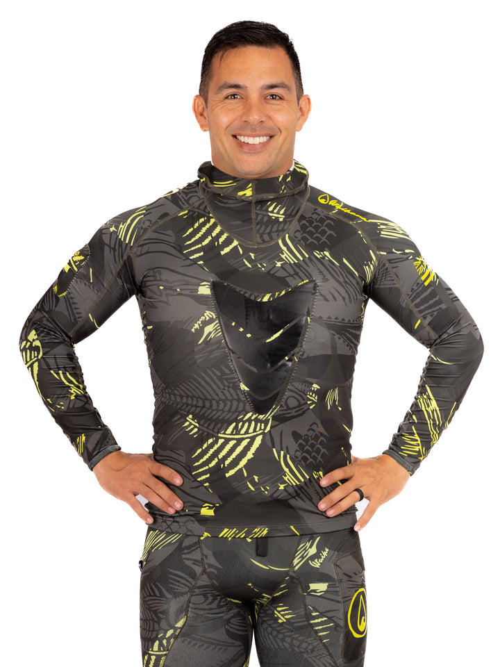 Tan Carvico Lycra leggings paired with the Lime Fishbone Hooded Spearfishing Rashguard